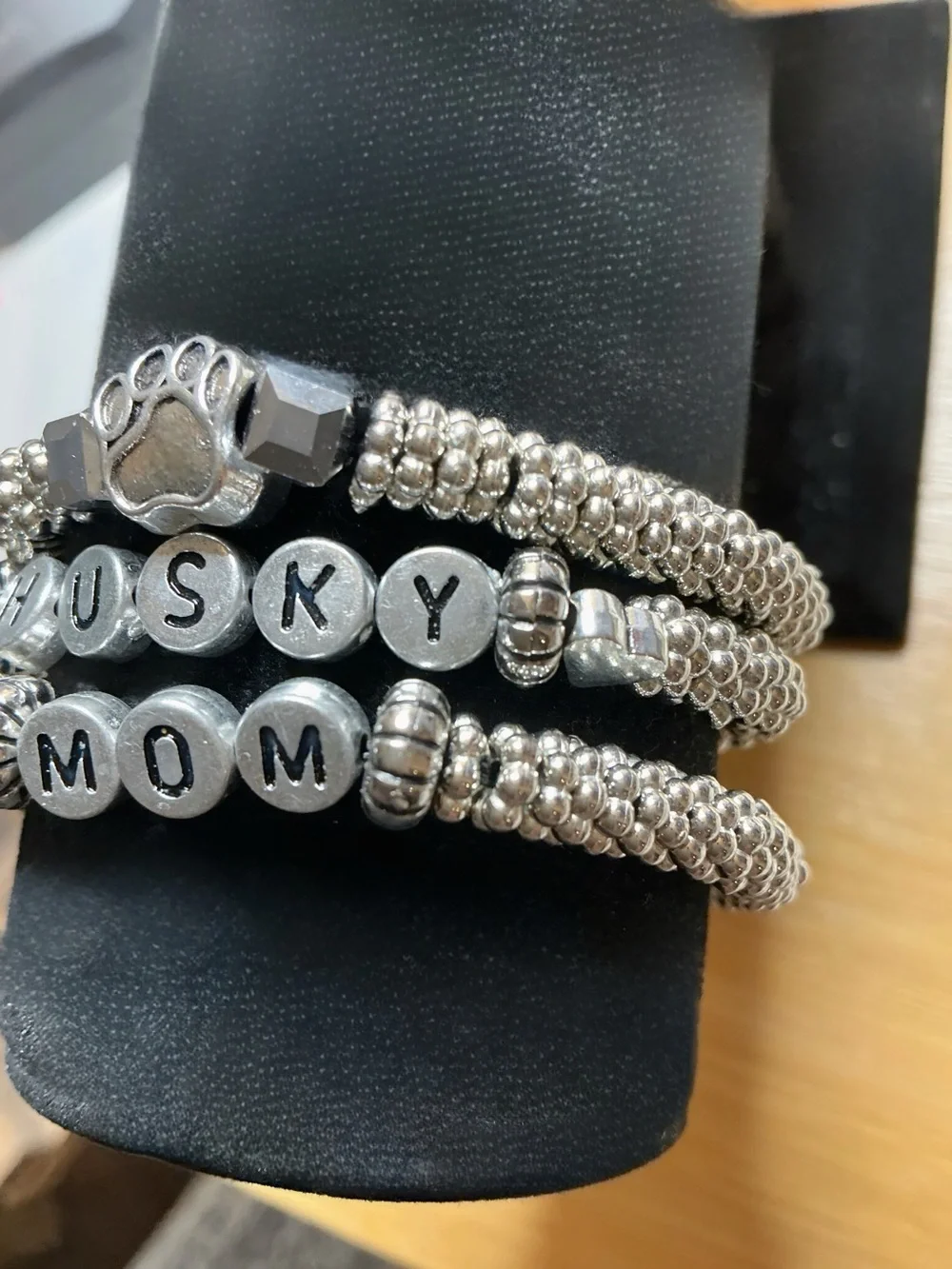 3 piece - Husky Mom Silver Paw Bead Bracelet Set